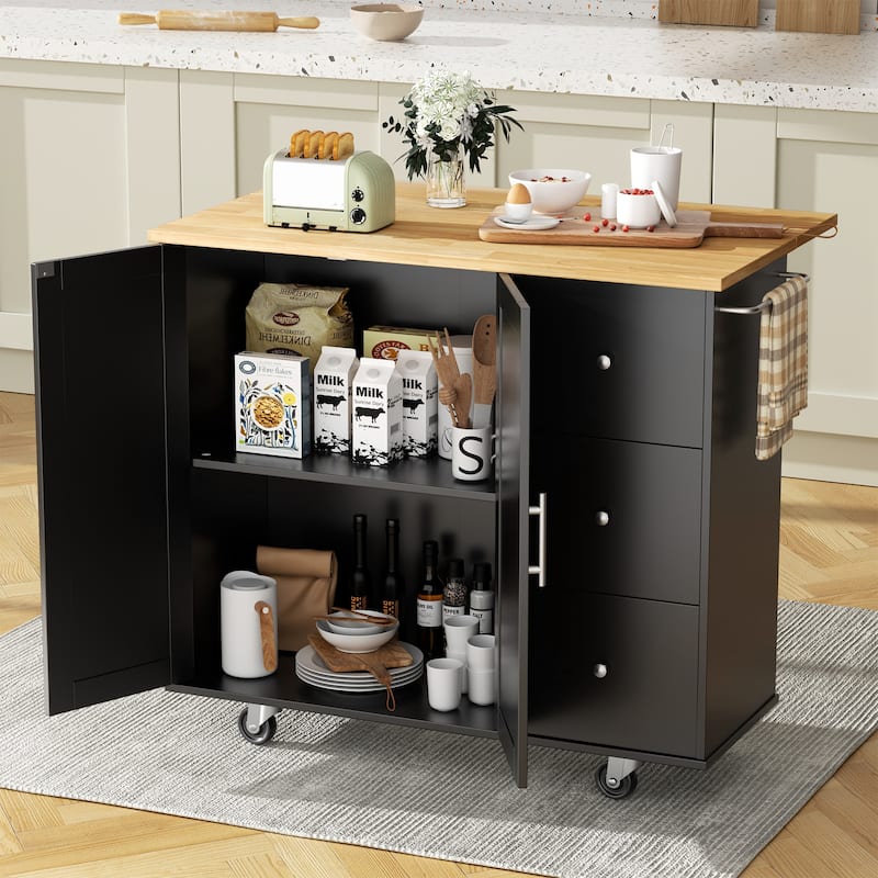 Rolling Kitchen Island with Storage Cabinet & 3 Drawers – Mobile Storage Cart with Extendable Countertop for Small Spaces