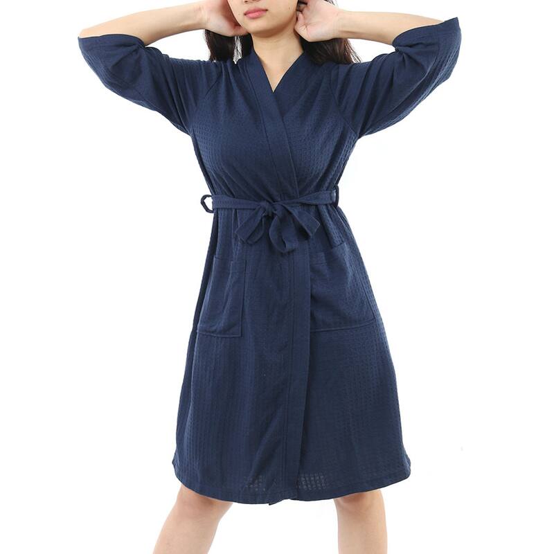 Women's Nightgown 3/4 Sleeve Kimono Robe Waffle Bathrobe with Pockets - Navy Blue - M