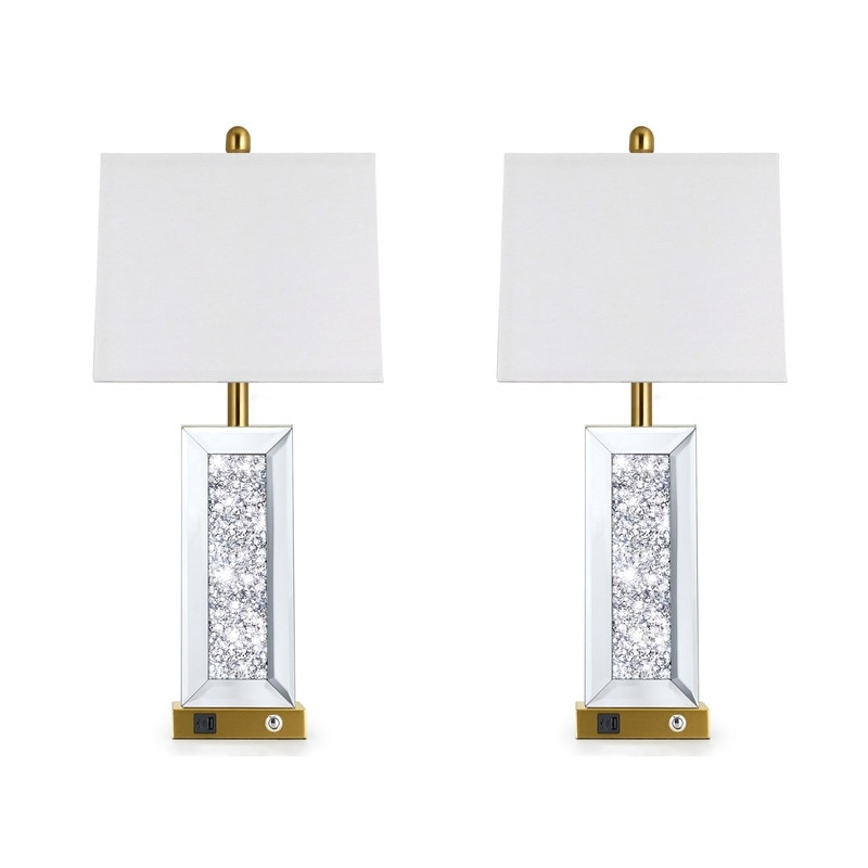 28'' Bedside Modern Crystal-Embellished Table Lamp with USB and Type-C Ports Touch Control 9W LED Bulb(Set of 2)
