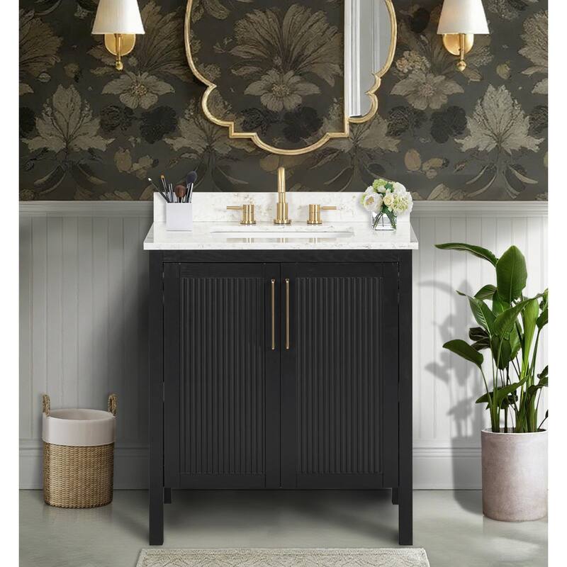 Luka Bathroom Vanity in Black Oak with Alluring Quartz Top - 31"W x 22"D x 35"H