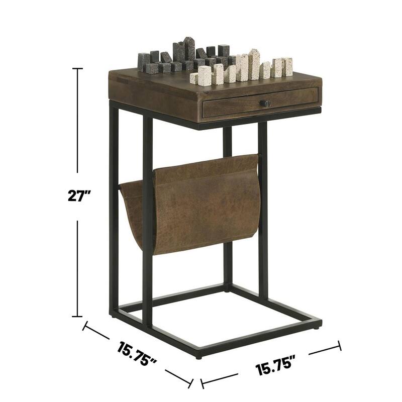 1 Drawer Square Side Table with Leather Sling in Tobacco and Black