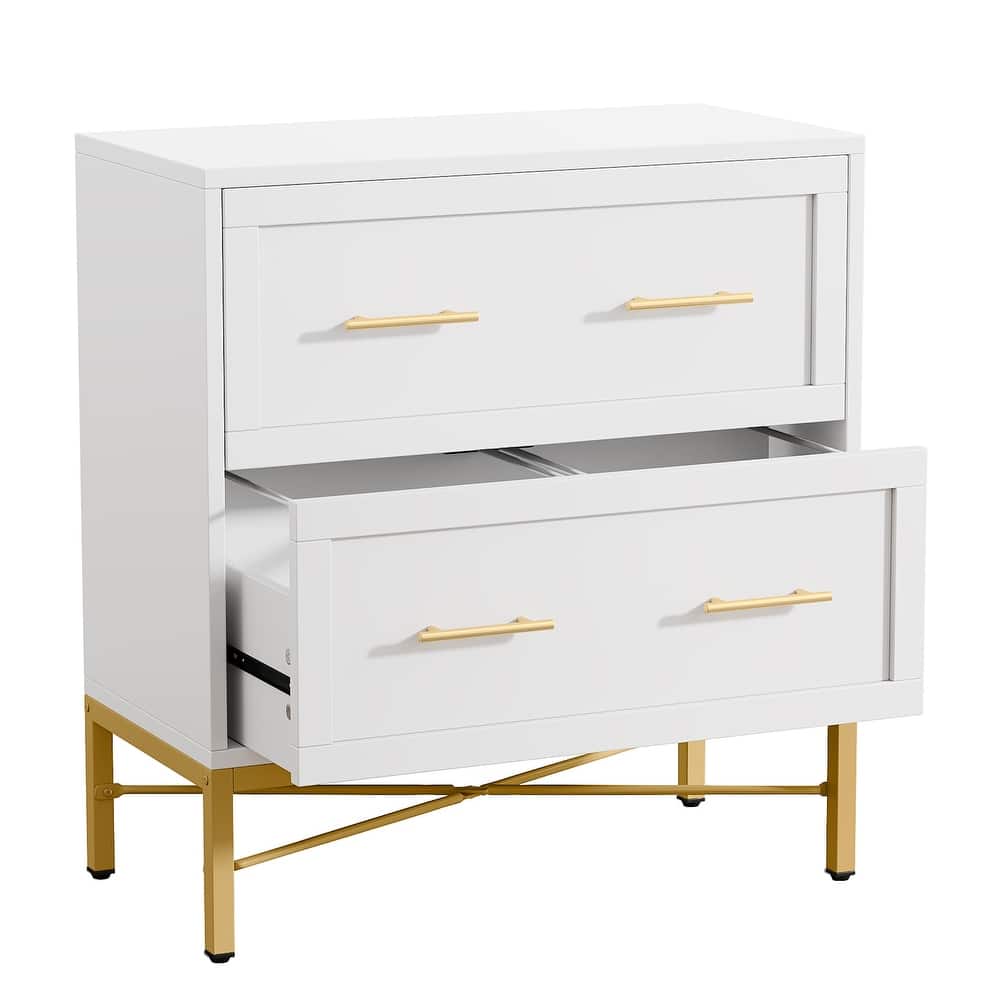 32 Inch File Cabinet, Modern 2 Drawer Lateral Filing Cabinet for Letter/Legal/A4 Size, for Home Office, White Gold