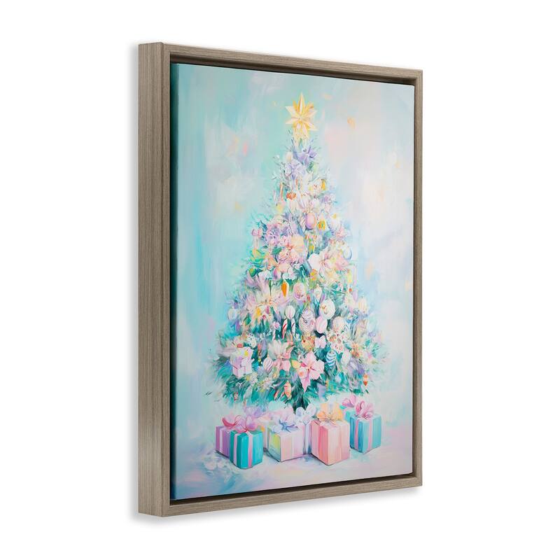 Stupell Pastel Christmas Tree on Blue Framed Floater Canvas Wall Art Design By Arlington Prints