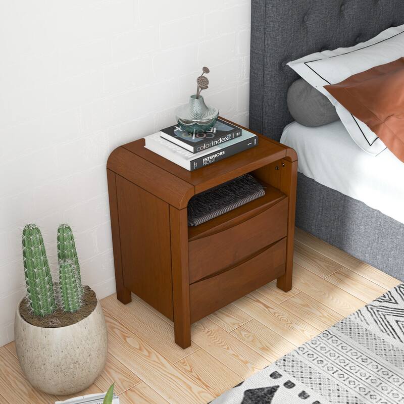 GDFStudio - Lionel Modern Mid-Century Solid Wood Nightstand with Open Shelf & 2 Drawer