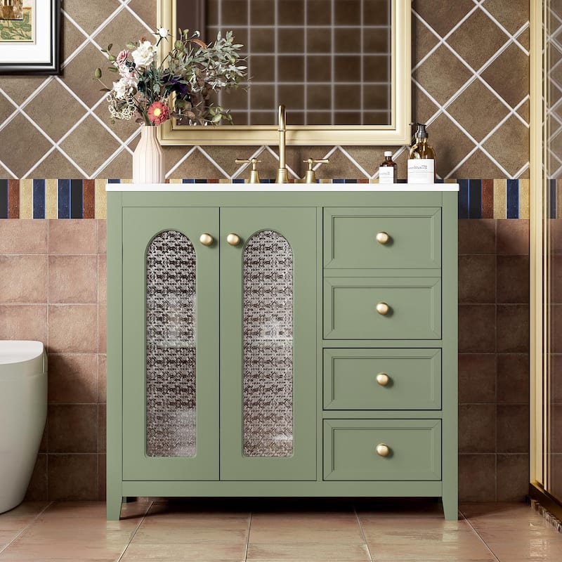 GDFStudio - Terra 36" Bathroom Vanity with Ceramic Sink, 2 Soft-Close Galss Doors, Shelves & 3 Drawers
