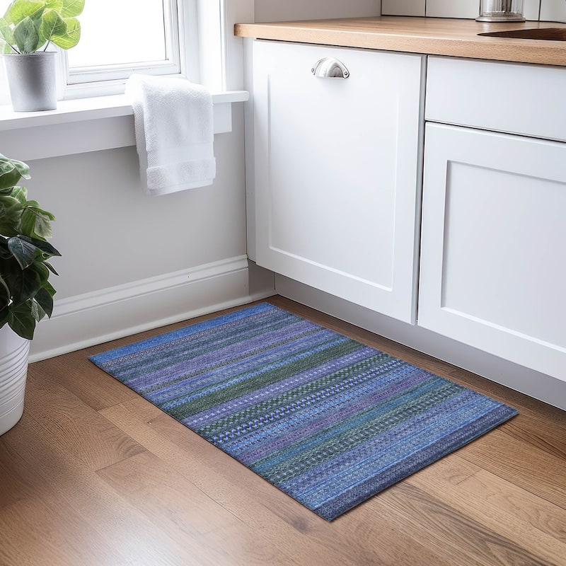 Machine Washable Indoor/ Outdoor Moroccan Stripes Chantille Rug - Blue - 1'8" x 2'6"