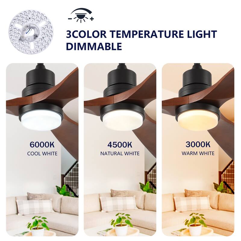 60 Inch Modern Ceiling Fan With 3 Color Dimmable 3 Solide Wood Blades Remote Control Reversible DC Motor With Led Light
