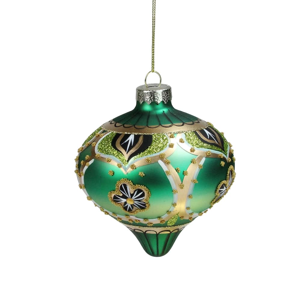 4.5" Green Gold Black Floral Bead Jewel Glass Onion Christmas Ornament