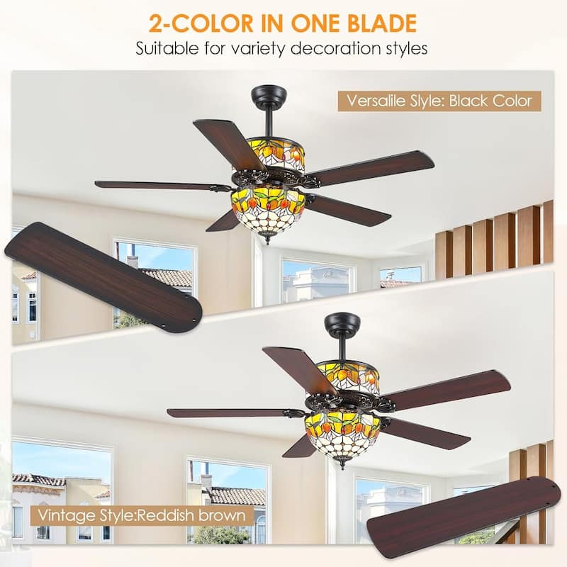 50" TiffanyTropical Ceiling Fan with 5 Palm Leaf Bllades and Vintage Cover Waterproof for Indoor and Outdoor Patio