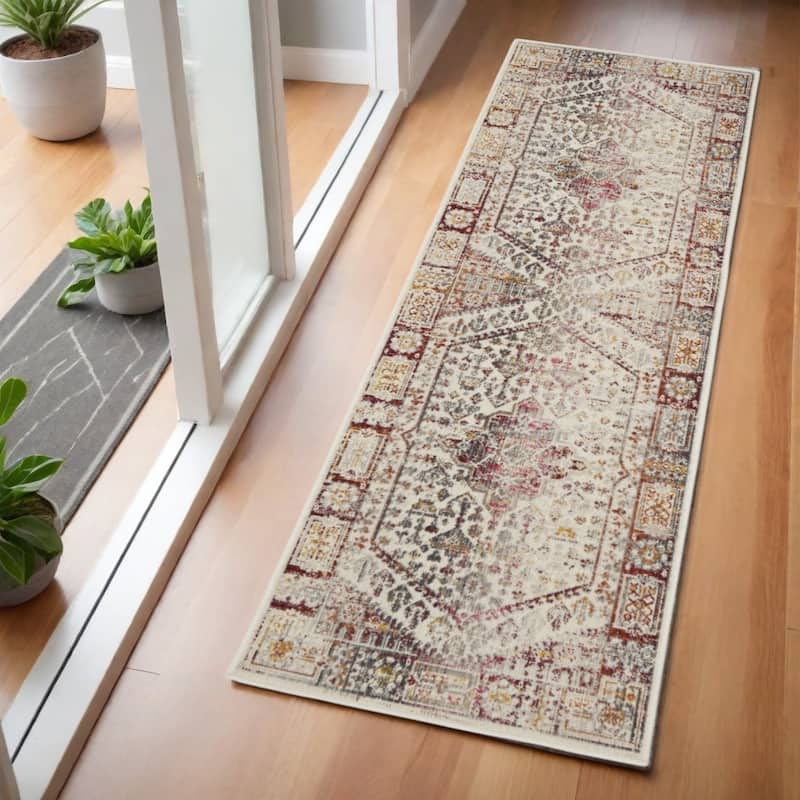 HomeRootsFloral Transitional Runner Area Rug - 72' X '24' X '0.5 - 72' X '24' X '0.5 - Orange/Ivory/Red