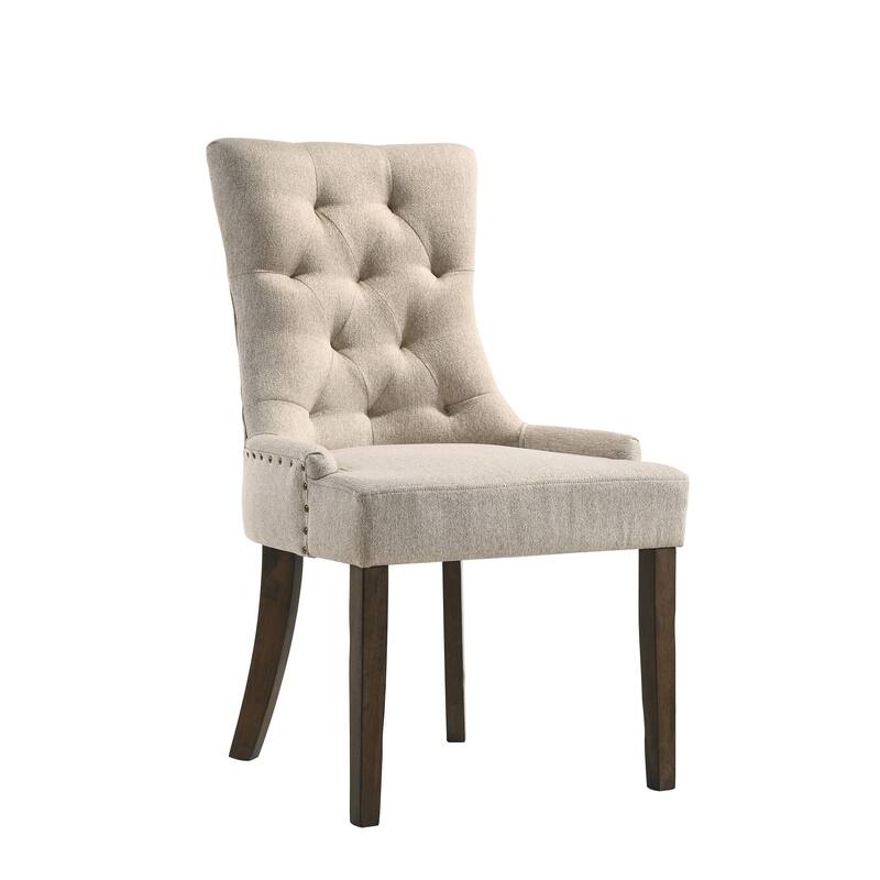 HomeRoots Set of Two Tufted Beige and Oak Upholstered Fabric And Solid Wood Dining Side Chairs