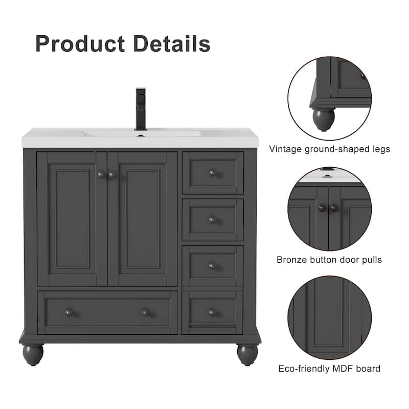 Retro Bathroom Vanity Cabinet Solid Wood Classic with Ceramic Sink