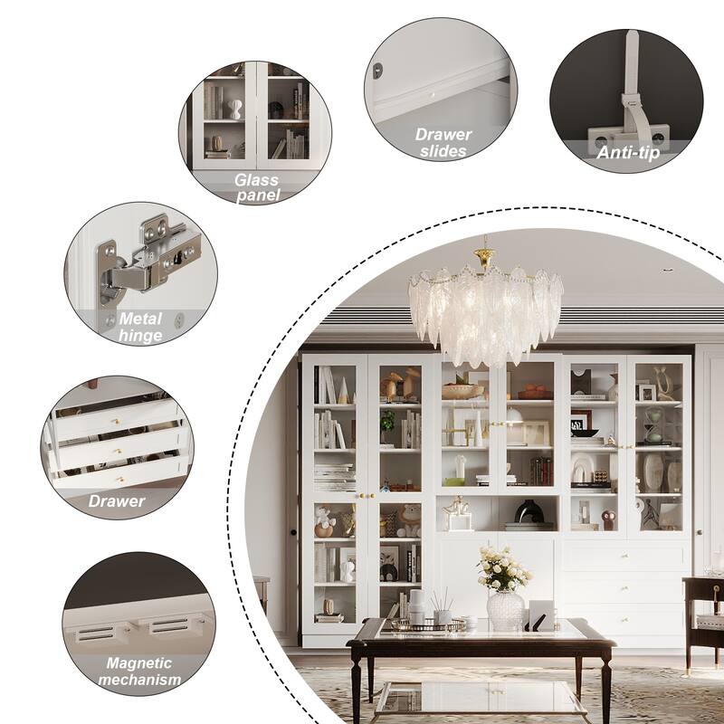 Bookcase Display Cupboard Curio Cabinet 2 Glass Door White Lacquer - 70.9"Hx31.5"W