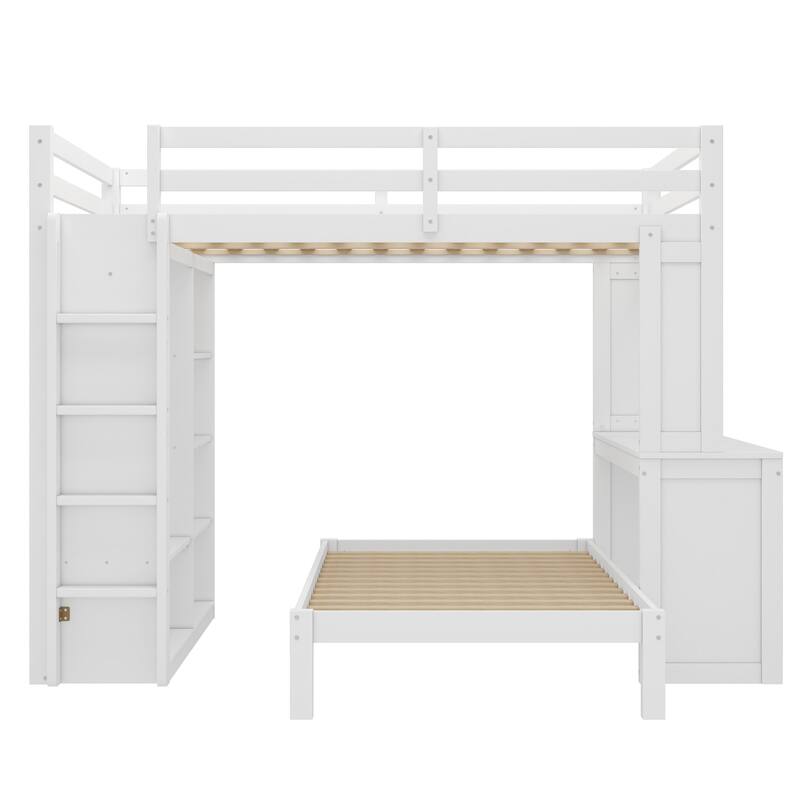 Queen Size Loft Bed & Twin Size Platform Bed Set, Wood Bunk Bed with Built-in Desk, Open Shelves and Wardrobe, Queen Over Twin