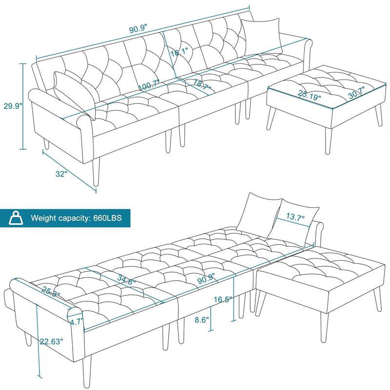 Convertible Velvet Sofa Couch, Sectional Sofa with Ottoman, Mid-Century Futon Sofa Bed - 32"D x 100.7"W x 29.9"H