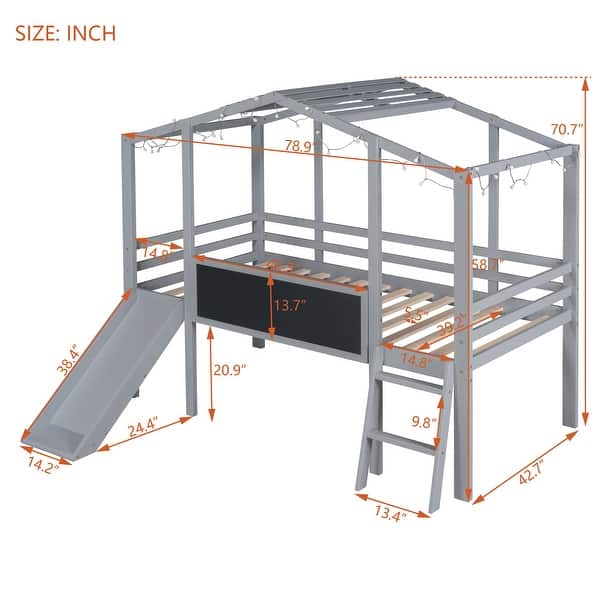 dimension image slide 1 of 2, Twin Low Loft House Bed wLight Strip Frame, Blackboard, Slide, Ladder