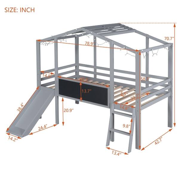 dimension image slide 1 of 2, Twin Size Loft Bed with Ladder, Slide, Blackboard and Light Strip, Fun House Bed Design Stylish and Easy to Assemble, Grey