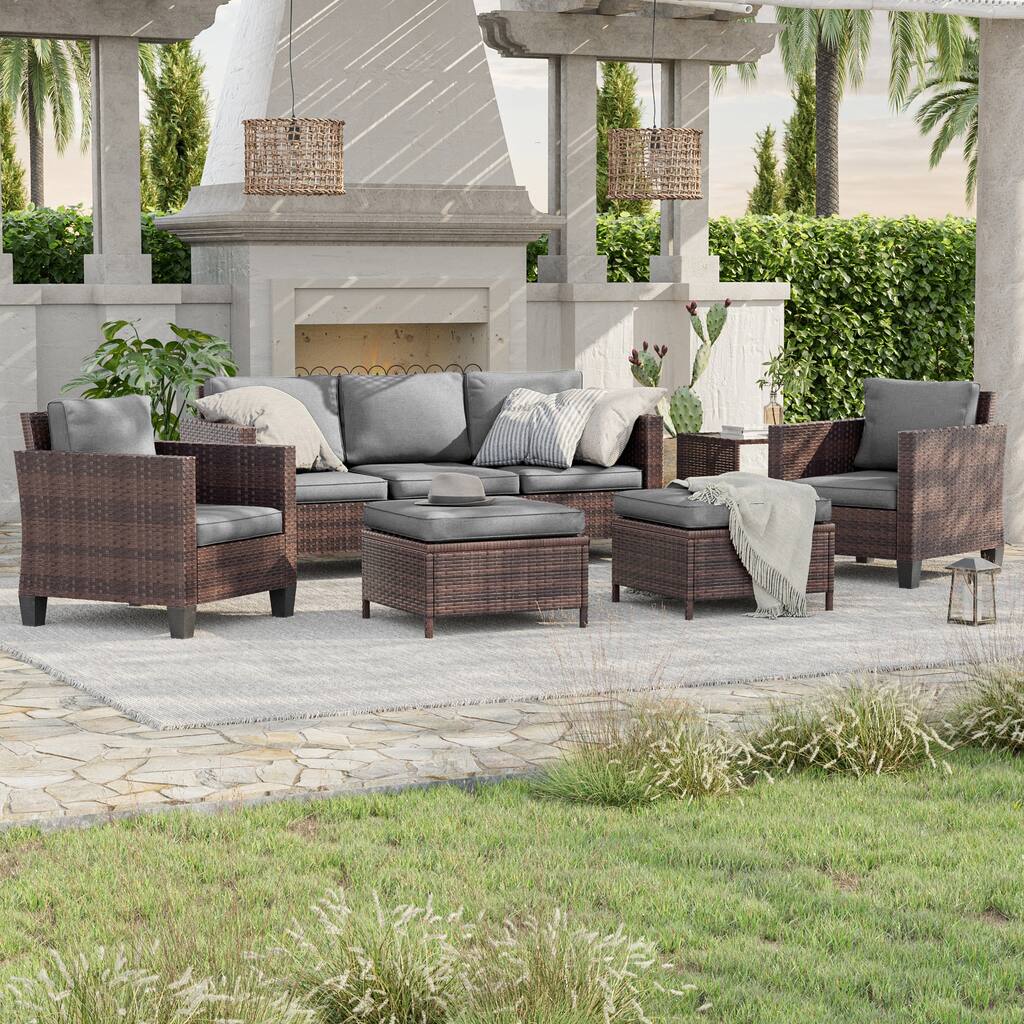 LIVOOSUN 6Pcs Patio Furniture Conversation Brown Wicker Sofa Set w/Side Table