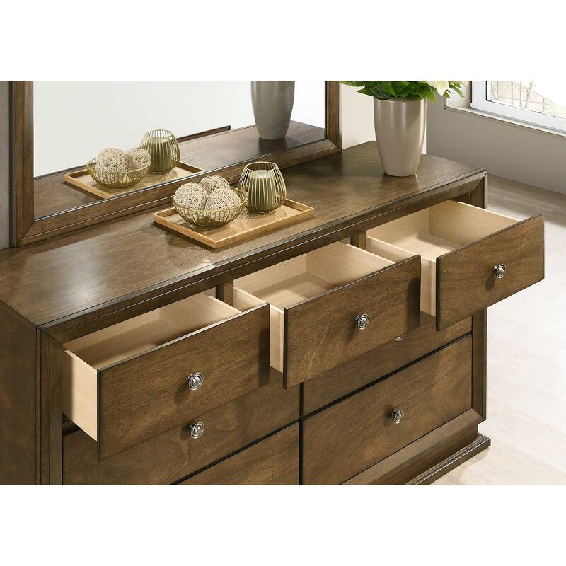 Transitional Walnut Finish 4 Piece Bedroom Furniture Set Bed Dresser Mirror Nightstand