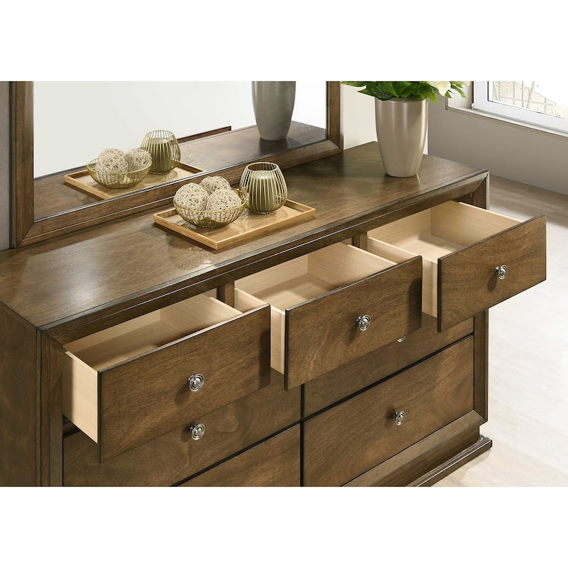 Walnut Finish Transitional Bedroom Furniture Set Bed Nightstand Dresser Mirror Chest