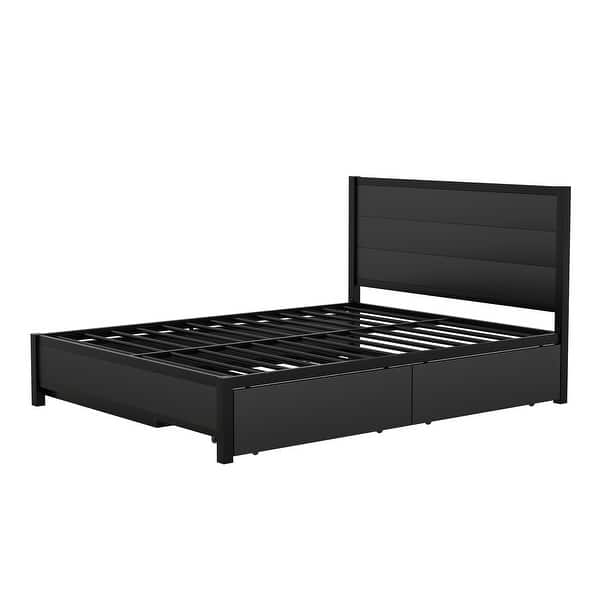 slide 2 of 15, Black Metal Queen Size Storage Platform Bed with Twin Size Trundle and 2 Drawers Black