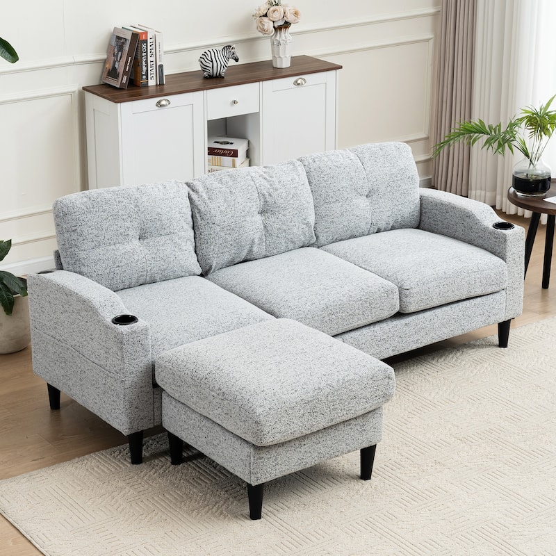 3 Seater L-shaped Sectional Sofa with Storage Ottoman, Built-in USB Ports, Cup Holders and Side Pockets for Living Room - White