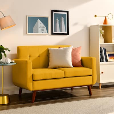 Yellow Mid Century Modern 53" Foam Button Tufted Upholstered Loveseat Sofa with solid iron legs for Living Room