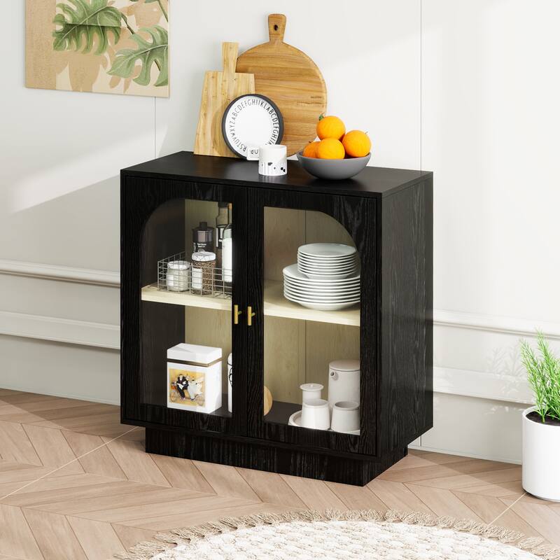Storage Cabinet with 2 Acrylic Door, Wooden Kitchen Pantry Sideboard, Display Cabinet with Metal Handles & Adjustable Shelves