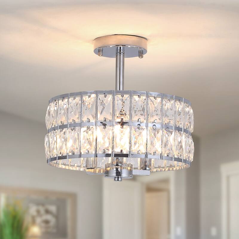 3-Light Crystal Semi Flush Mount Lights for Living Room Hallway - Chrome