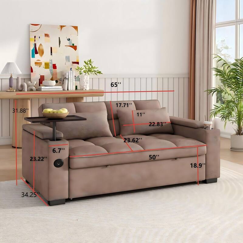 Rossetta Modern Style Chenille Fabric Folding Convertible Pullout Sofa Bed with 3 in 1 Functional Armrest