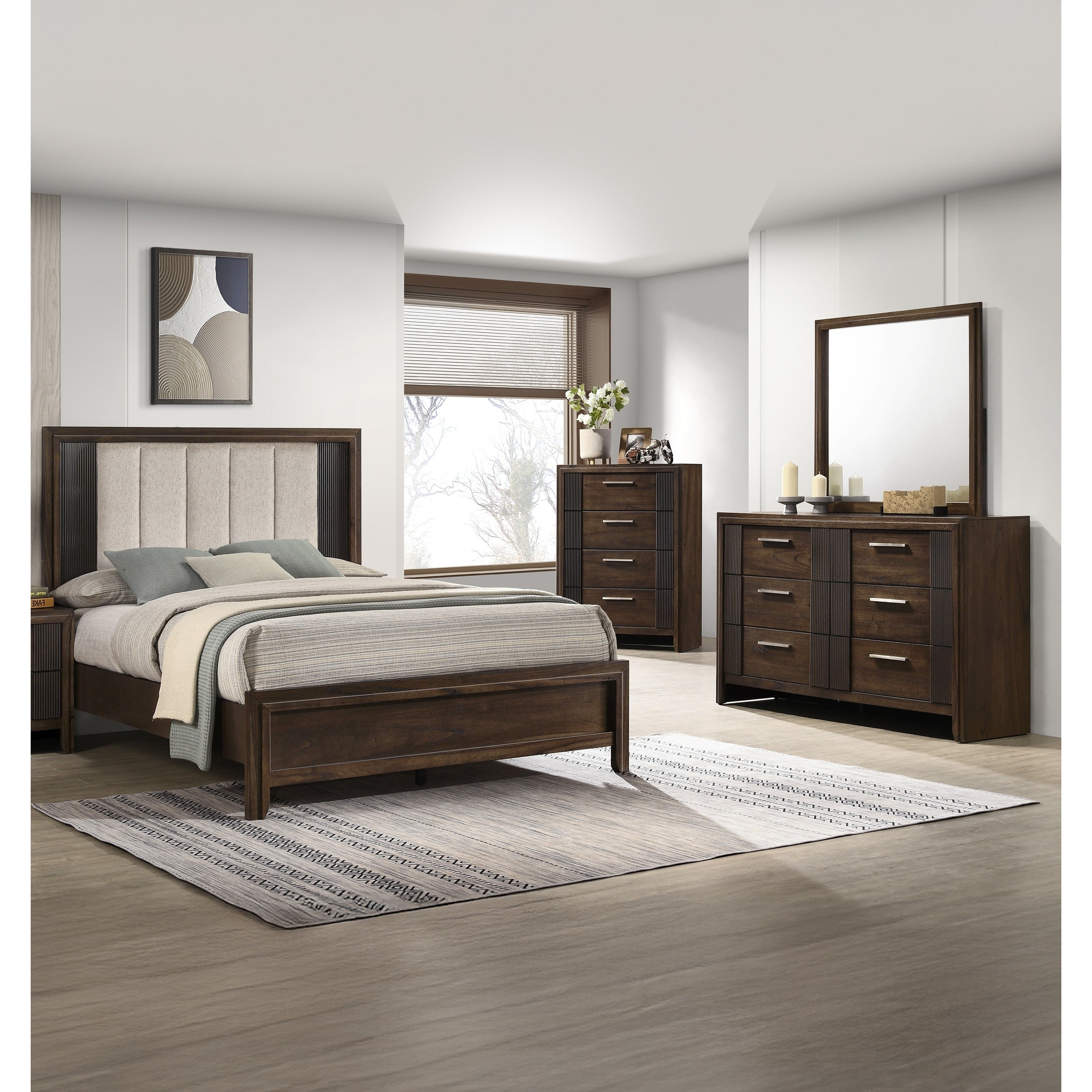 Brown Linear Upholstered 4pc Bed Dresser Mirror Chest Set Bedroom Wooden Furniture