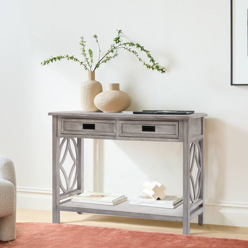 Grey Washed Wood 2-Drawer 1-Shelf Console and Entry Table - 32.7" H x 47.2" W x 13.8" D