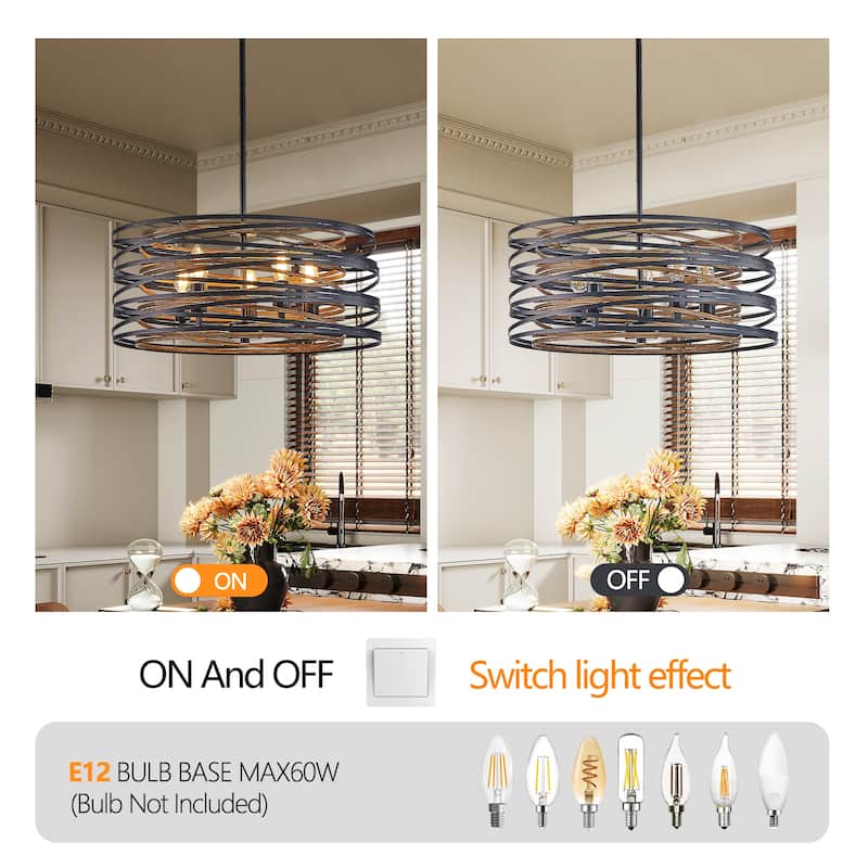 20" Rustic Industrial Pendant Light, 5-Light Black and Walnut Metal Cage Chandelier with Wood Accents (No Bulbs)