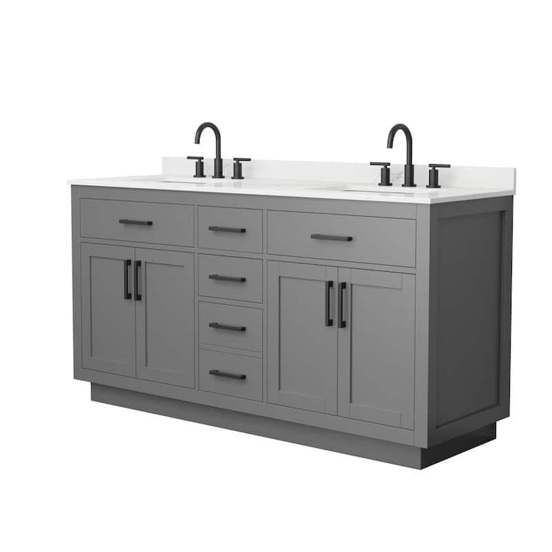 Beckett TK 66-inch Double Vanity, 3 Hole Quartz Top - Dark Gray, Black Trim, Giotto Quartz Top