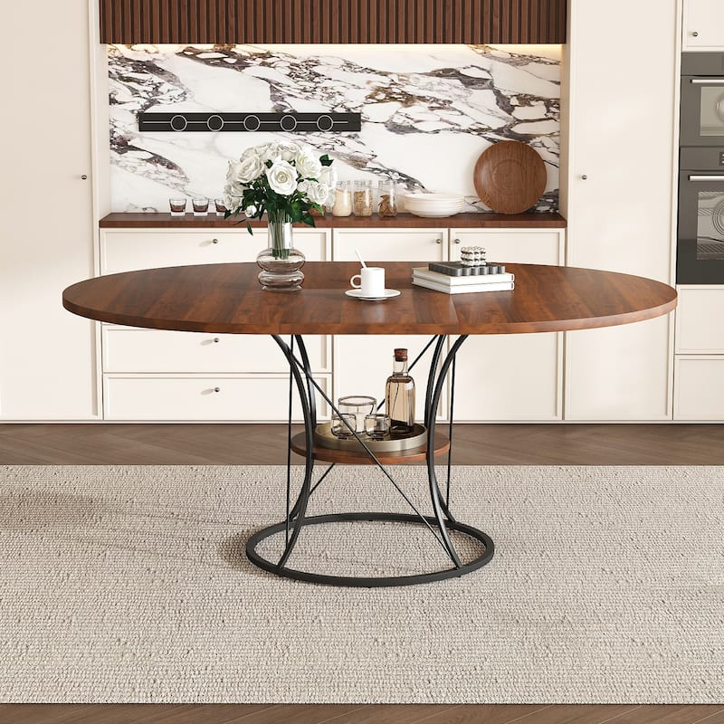 43 to 59 Inch Extendable Round Dining Table for 4-6 - Farmhouse Kitchen Table with Storage Shelf & Metal Base