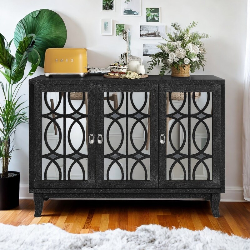 3 Door Mirrored Buffet Cabinet Sideboard with Glass Doors and with