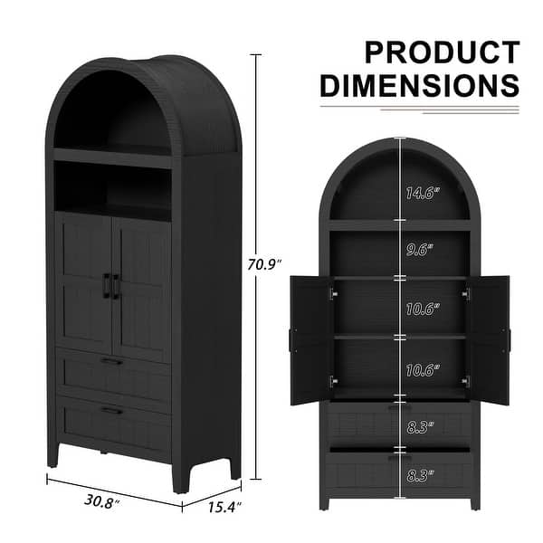 dimension image slide 1 of 2, Arched Storage Cabinet Display Shelves 2 Drawers
