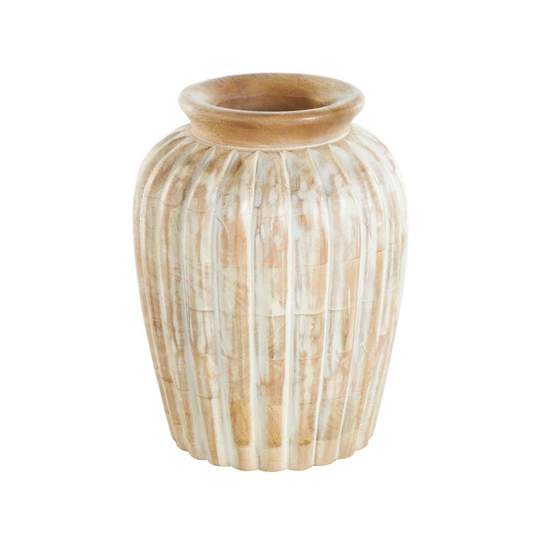 Light Brown Mango Wood Distressed Decorative Vase with Carved Ridges