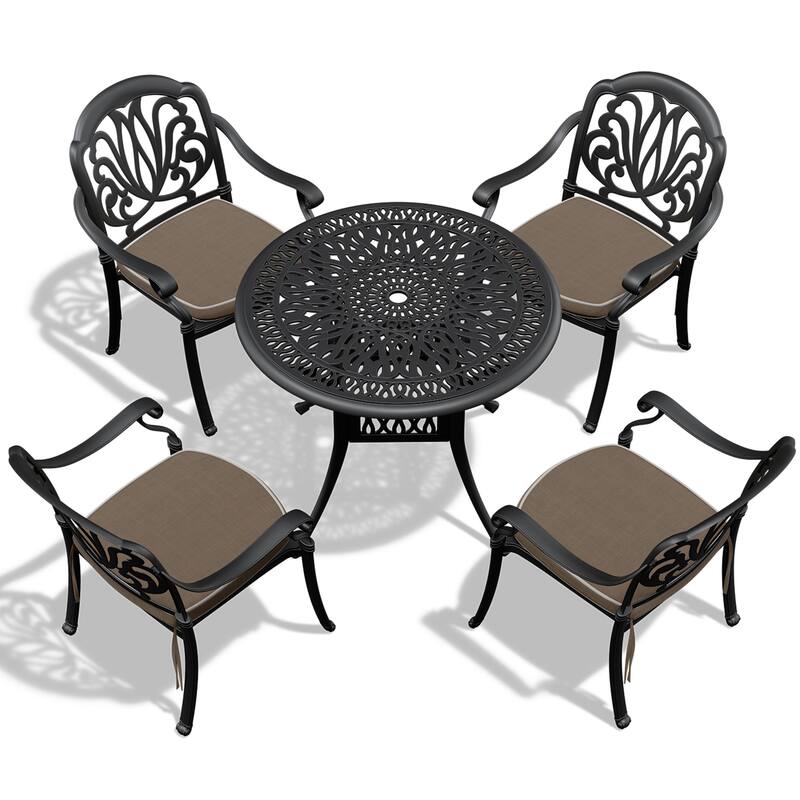 3/5-Piece Cast Aluminum Outdoor Dining Set with 35.43 in. Round Table and Random Color Seat Cushions
