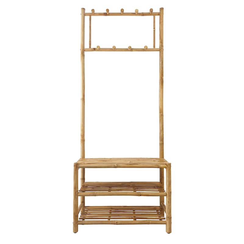 Handcrafted Natural Bamboo 3-in-1 Hall Tree with Bench Shoe Rack - natural