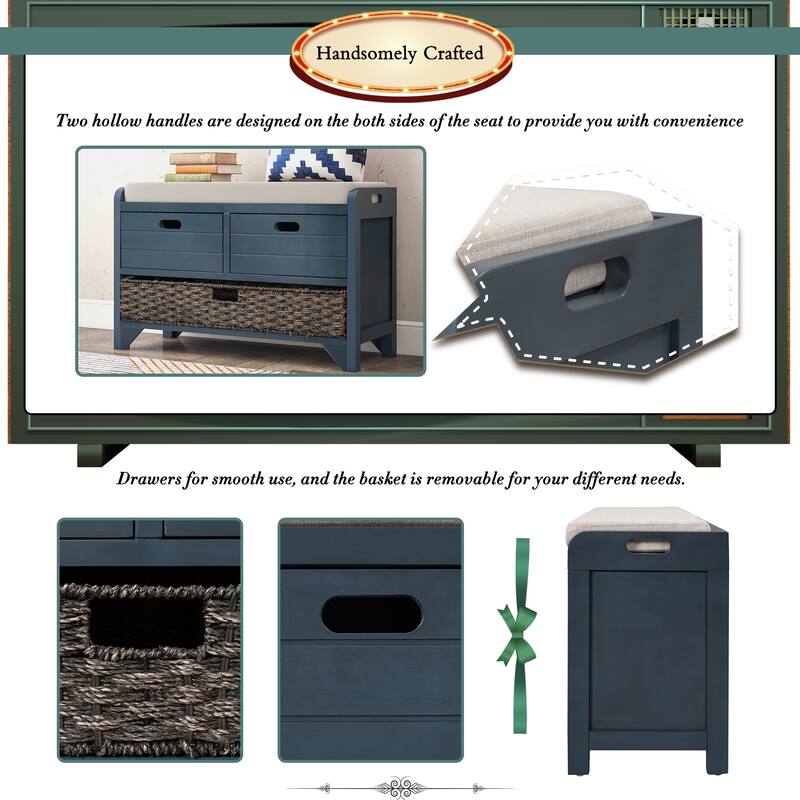Storage Bench with Removable Basket & Drawers, Fully Assembled Benches Bench with Removable Cushion, for Entryway or Livingroom