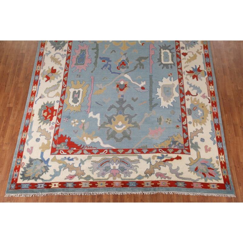 Light Blue Oushak Area Rug Hand-Knotted Floral Wool Carpet - 8'11"x 11'8"