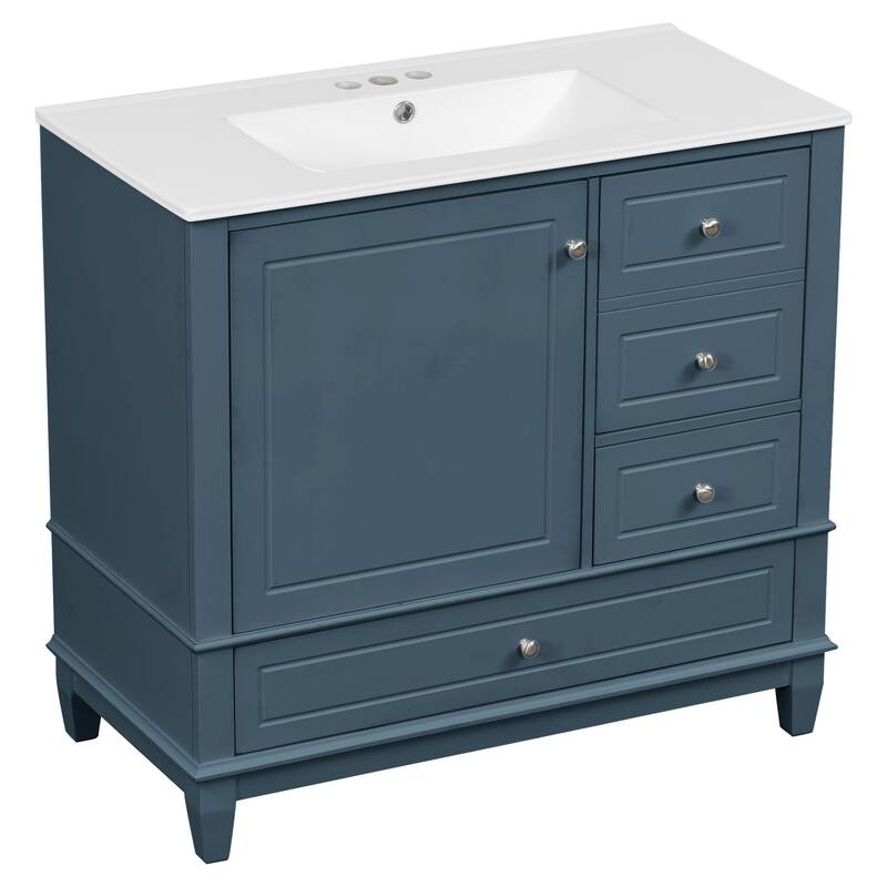 36" Bathroom Vanity with Top Sink, Modern Bathroom Storage Cabinet with 2 Drawers and a Tip-out Drawer, Single Sink