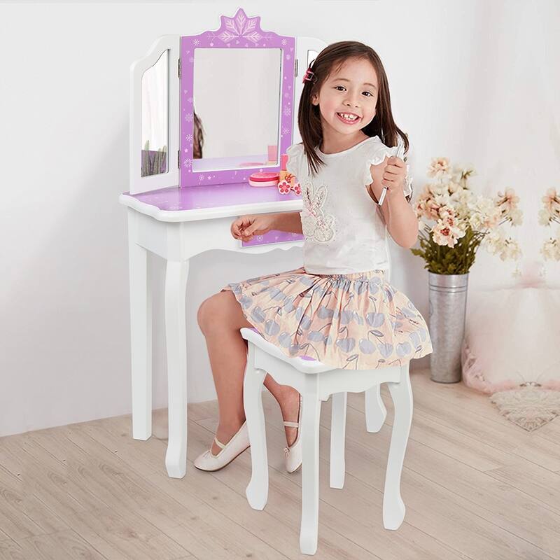 Kids Vanity Table and Stool Set Three-Sided Folding Mirror Single Drawer
