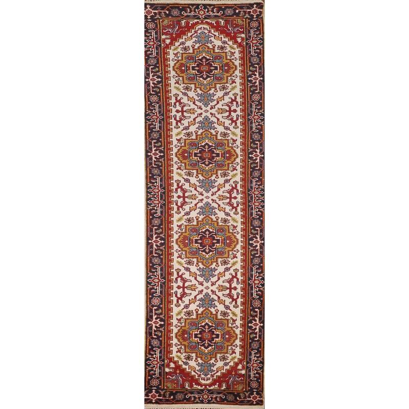 Ivory Geometric Heriz Serapi Oriental Runner Rug Handmade Wool Carpet - 2'7"x 10'10"