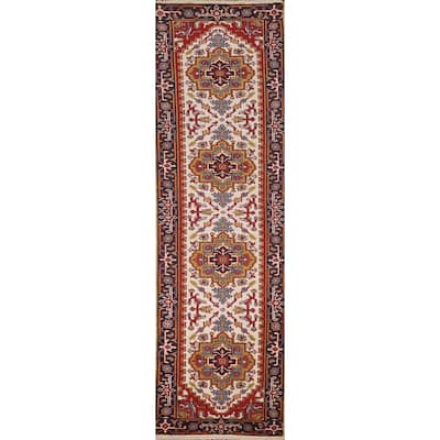 Ivory Geometric Heriz Serapi Oriental Runner Rug Handmade Wool Carpet - 2'7"x 10'10"