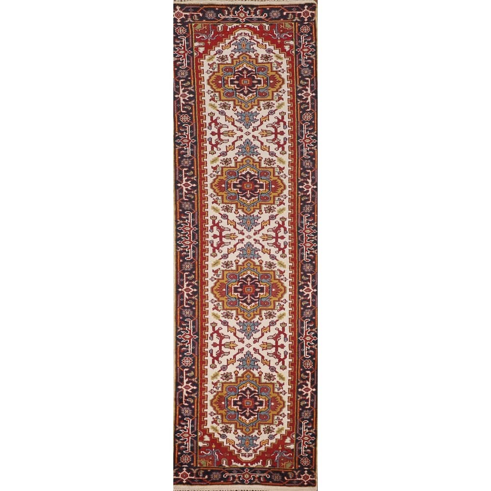 Ivory Geometric Heriz Serapi Oriental Runner Rug Handmade Wool Carpet - 2'7"x 10'10"