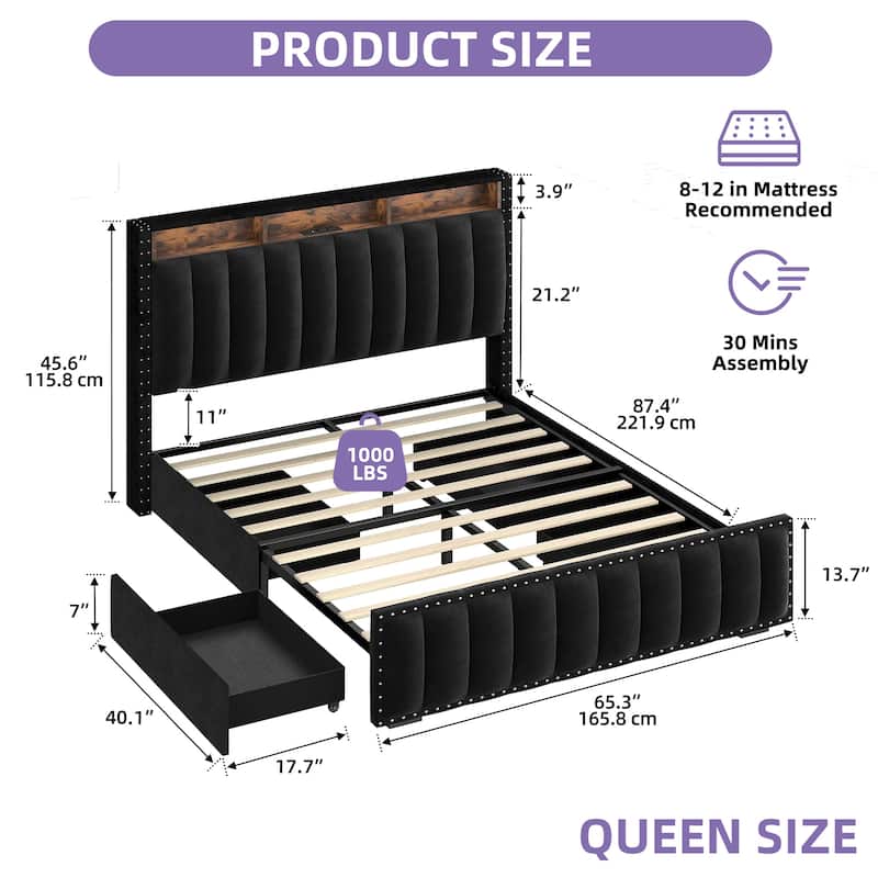 Velvet Upholstered Platform Bed with 4 Storage Drawers and RGB LED Lights&Charging Station - Black - Queen