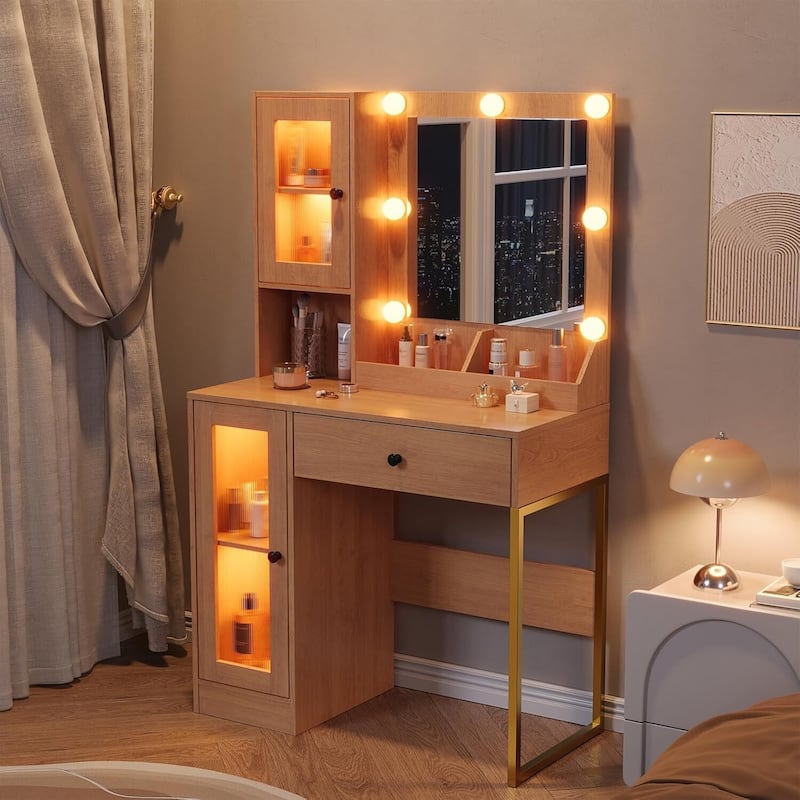 Vanity Desk, Makeup Dressing Table with LED Lights, Mirror, Built-in Outlets & USB Ports - Almond