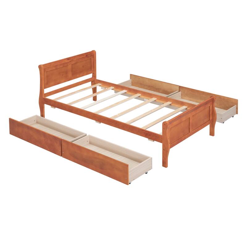 Wood Platform Bed with 4 Drawers and Streamlined Headboard & Footboard
